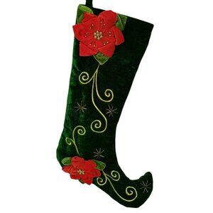Christmas Green Velvet Stocking With Red Poinsettias Gold Embroidery Swirl & Sta